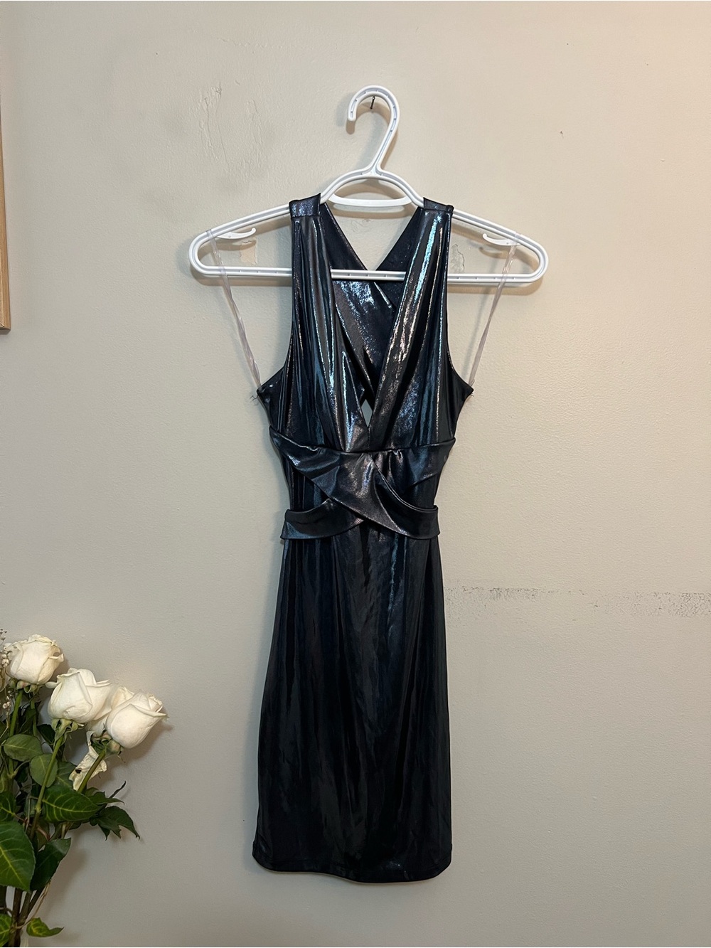 Fashion Nova Shiny Black V-Neck Sleeveless Mini Dress